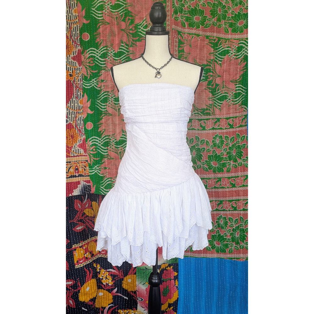 White strapless 80s 90s style dress, tiered eyelet cotton, Catherine Malandrino